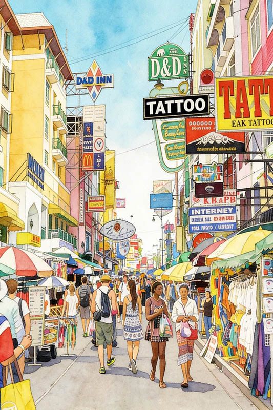 खाओ सान रोड बैंकॉक दिन के समय की स्ट्रीट दृश्य बैकपैकर और विक्रेताओं के साथ