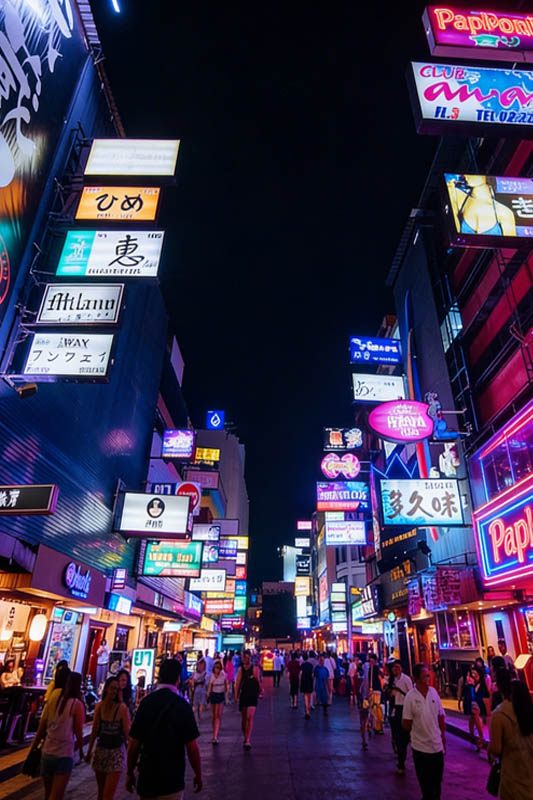 पातपोंग रात बाजार विक्रेता और खरीदारी स्टॉल भीड़ और नियॉन रोशनी के साथ