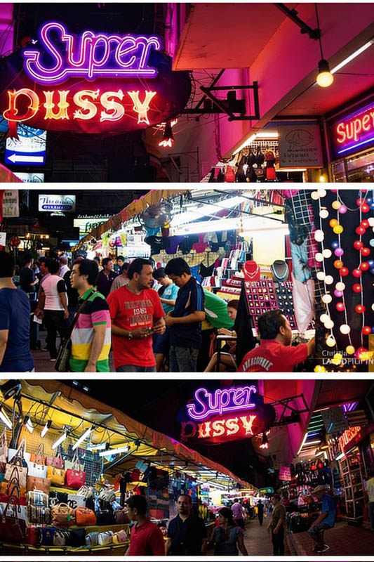 पातपोंग बैंकॉक मनोरंजन जिला सड़क दृश्य नियॉन साइन और रात बाजार के साथ